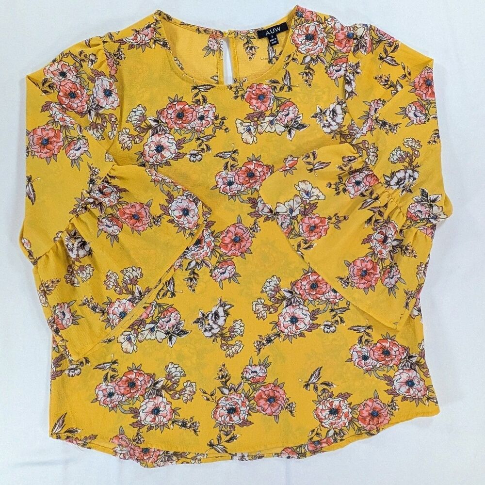 AUW Shirt Top Size snall Yellow Floral Lightweight Pullover Boho Casual